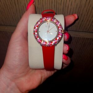 Burgi Swarovski Colored Crystal Watch genuine diamond marker slim leather strap